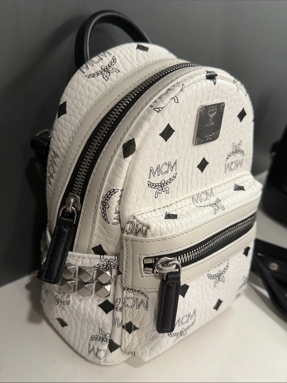 MCM White Mini Visetos Logo Backpack with Black and Silver Accents with COA